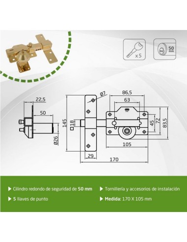 Amig - Cerrojo de Seguridad con Cilindro Redondo Cerradura de Sobreponer- Cilindro 50 mm - Dorado