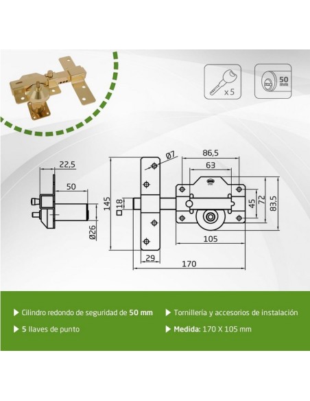 Amig - Cerrojo de Seguridad con Cilindro Redondo Cerradura de Sobreponer- Cilindro 50 mm - Dorado