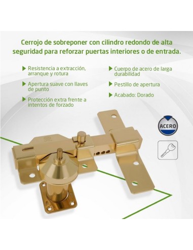 Amig - Cerrojo de Seguridad con Cilindro Redondo Cerradura de Sobreponer- Cilindro 50 mm - Dorado