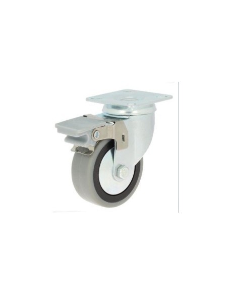 Rueda giratoria trial aro de goma ø50 plástico zincado con freno con antihilo. 35kgs/rueda.