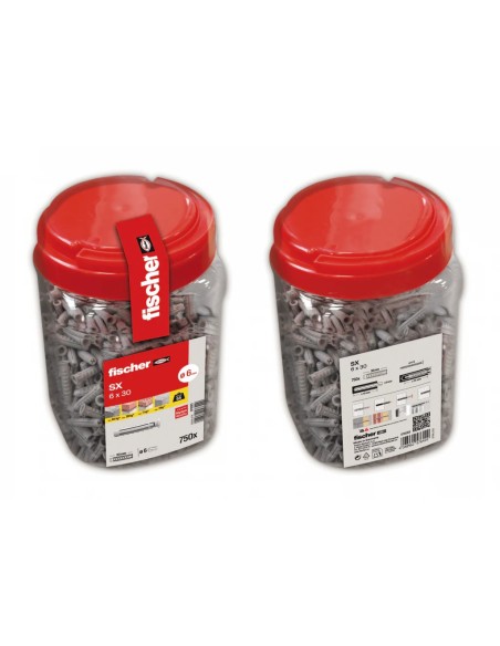 bote transparente lleno de tacos Fischer SX 6x30 de color gris con tapas rojas
