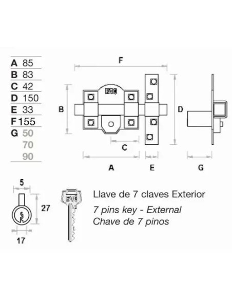 Cerrojo FAC 307R/80 Izquierda con Cadena | Ferretería Torres