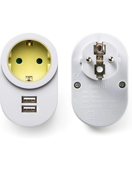 Famatel - Adaptador Cargador/ enchufe con múltiples ranuras | 2 USB Protección Infantil | Blanco