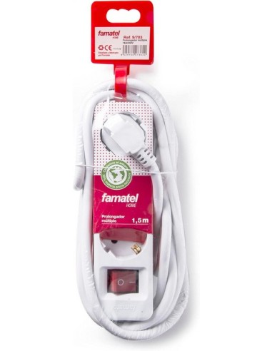 FAMATEL – Regleta ecosockets 3 Tomas | Enchufes con Interruptor de Encendido | 1,5 Metros |Blanco