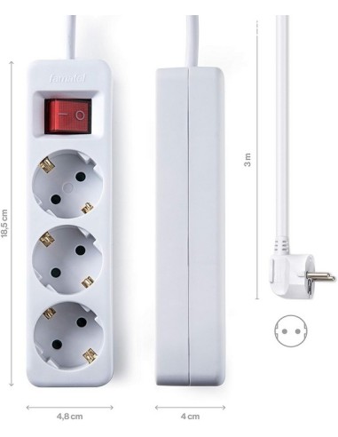 FAMATEL – Regleta ecosockets 3 tomas | Enchufes con Interruptor de encendido | 3 Metros |Blanco