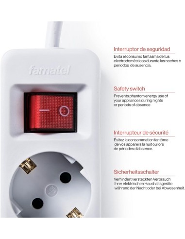 FAMATEL – Regletas ecosockets 5 tomas | Enchufes con Interruptor Luminoso | 1,5 Metros|Blanco