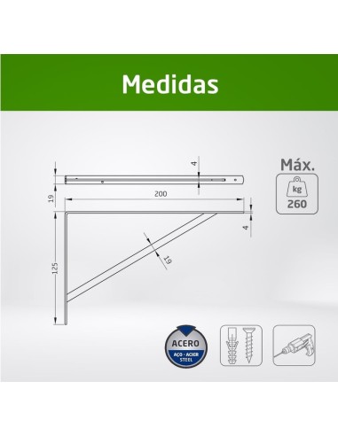 Amig - Soporte para Estanterías | Escuadra para Estanterías Medida: 200x125 mm