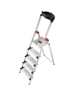Escalera de aluminio Hailo XXL de 5 peldaños anchos antideslizantes con bandeja portaherramientas.