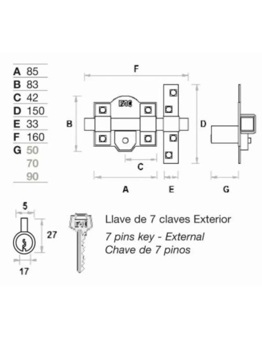 Esquema con cotas y dimensiones técnicas del cerrojo de seguridad FAC 308-R/80.