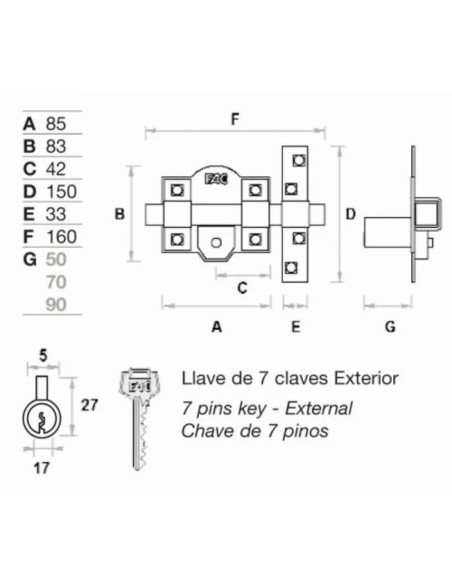 Esquema con cotas y dimensiones técnicas del cerrojo de seguridad FAC 308-R/80.