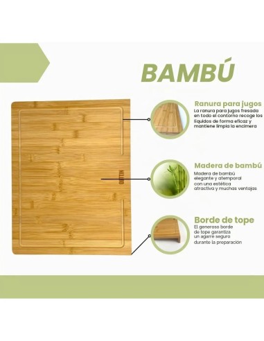 Ranura para jugos fresada en el contorno y marca Quttin en tabla de bambú