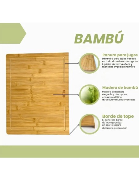 Ranura para jugos fresada en el contorno y marca Quttin en tabla de bambú