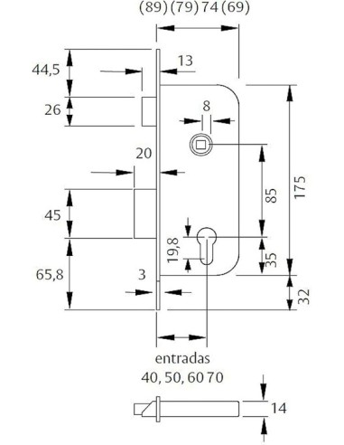 Tesa Assa Abloy 203040HL Cerradura De Embutir Para Puertas De Madera Con Cilindro Latonado Entrada 40 mm, Frente Cuadrado