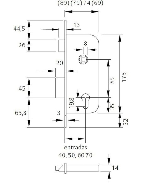 Tesa Assa Abloy 203040HL Cerradura De Embutir Para Puertas De Madera Con Cilindro Latonado Entrada 40 mm, Frente Cuadrado